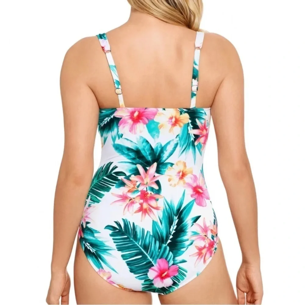 Swim Solutions TROPICAL PUNCH Hibiscus Tummy-Control One-Piece Swimsuit 14 NEW - Picture 2 of 4